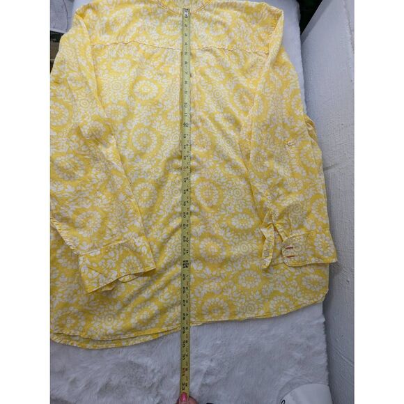 Talbots Top Womens Plus 3X Yellow Floral Roll tab Sleeve‎ Button Up Artsy Blouse - Picture 6 of 8